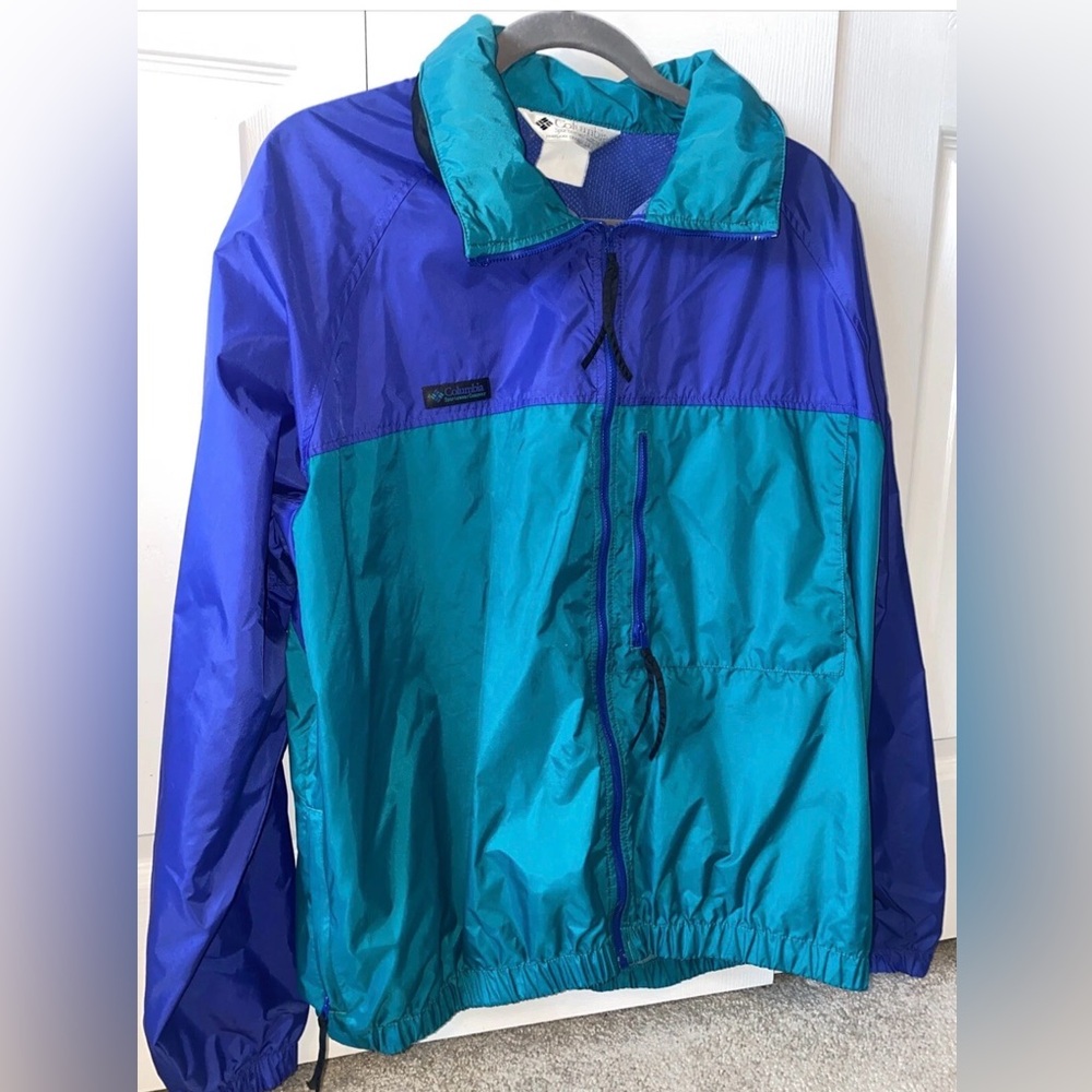 Vintage Columbia Blue Green Windbreaker Jacket Mens L Colorblock USA MADE